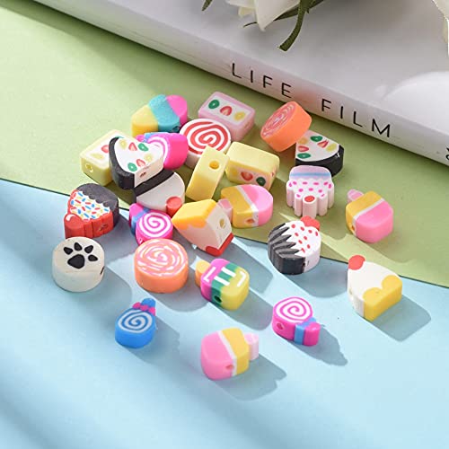 KitBeads 100pcs Polymer Clay Dessert Mixed Styles Candy Cake Lollipop Beads - Handmade Cute Sweet Food for Jewelry Making Bracelets Bulk