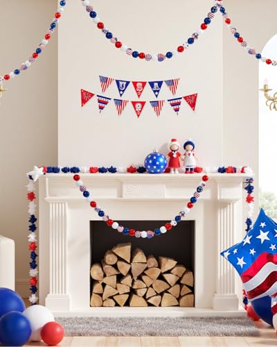 Goldwise 120Pcs 4th of July Wooden Beads Garland, Patriotic Red White Blue Beads for DIY Crafts, Independence Day Wood Beads with American Flag Stars for Bracelets Necklaces Tiered Tray Decor - size: 4th of July Wooden Beads