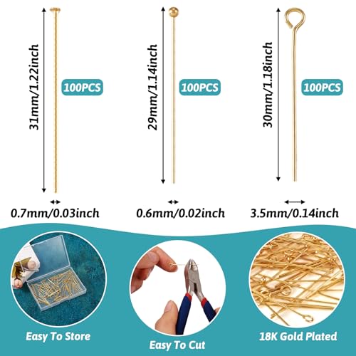 Craftdady 300Pcs 18K Gold Brass Eye Pins Flat & Ball Head Pins 30mm Golden Jewelry Pins Set Small Open Eye Metal Pins Needles for Crafts DIY Earring Pendants Jewelry Making Findings - color: 18K Gold, Mixed Pins