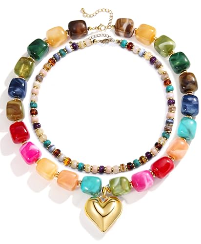 BOMAIL 2PCS Chunky Acrylic Beaded Choker Necklaces for Women Boho Colorful Resin Bead Choker Necklaces Set Big Bead Necklace Fashion Trendy Summer Necklaces Jewelry - color: A:Heart