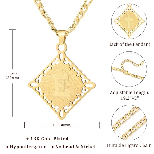 LETFLY Initial Necklaces for Women Men, 18K Gold Plated Letter Cross Pendant Necklace Alphabets A-Z Figaro Chain Jewelry Gifts - color: Rhombic, style: Letter E