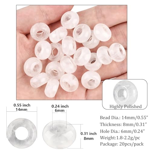 20Pcs Natural Clear Quartz Crystal Large Hole Beads, 8x14mm Rondelle Gemstone Spacer Beads 6mm Big Hole for Jewelry Making, Beading Bracelets, Macrame & Hair Braiding - color: Clear Quartz Crystal