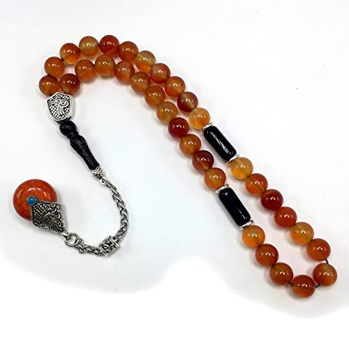 Simple Designed Natural Stone Worry Beads - Prayer Beads Tesbih-Tasbih-Tasbeeh-Misbaha-Subha-Sebha-Sibha-Rosary (Red Agate Natural Stone -8 mm 33- Beads/Drop Tassel) - color: Red Agate Natural Stone -8 mm 33- Beads / Drop Tassel