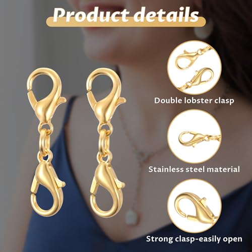 10 Pcs Double Lobster Clasp Necklace Chain Extenders Bracelet Clasp Connector Gold Lobster Claw Clasps Double Opening Jewelry Clasps for DIY Jewelry Making - color: Gold