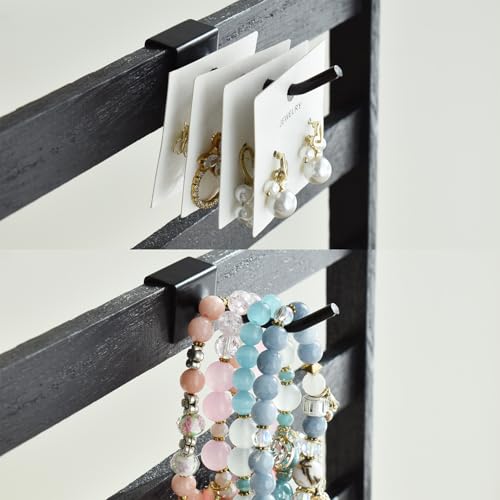 Ikee Design Free Assemble 2 Pcs Set Wooden Jewelry Display Rack with 20 Removable Metal Hooks/Each, Earring Card Display Holder Stand for Necklaces,Bracelet, Keychain Stand, Black Color - color: 8) Black, 2 Pieces