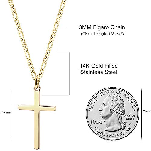 Joxevyia 14K Gold Filled Cross Necklace for Men Figaro Chain Stainless Steel Polished Cross Pendant Necklace Simple Baptism Faith Jewelry Gift - size: 24 inches, style: Big cross pendant(1.2"*0.7")