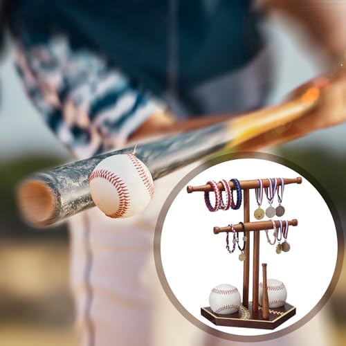Qunclay Baseball Drip Necklace Holder with Staked Baseball Base Wooden Softball Ring Organizer Championship Rings Display Sports Jewelry Stand Gift for Athletes and Fans