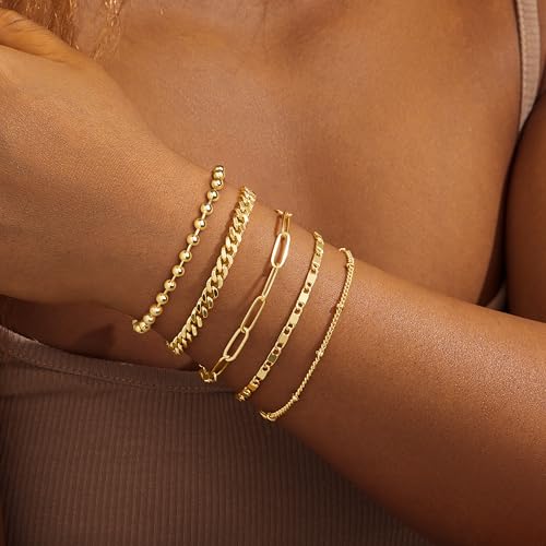 Gold Bracelets Set for Women Stack, Chunky Thick Bracelets Stack for Women Trendy, Simple Dainty Thin Gold Plated Cuff Stackable Bracelets With Beaded Cuban Paperclip Snake Rope Bangle Hand Chain Jewelry - style: Style 03-gold