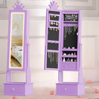 Kids Jewelry Armoire Cabinet with Full-Length Mirror, 46" Jewelry Armoire with Led Light, Kids Jewelry Organizer with 3 Storage Drawers, Kids Vanity Dress Up Mirror Jewelry Cabinet for Girls(Purple) - size: purple