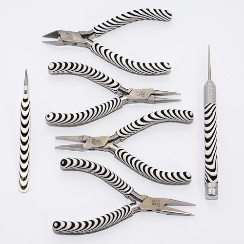 The Beadsmith Zebra Print Tool Kit – 6 Pieces: Chain, Round, and Bent Chain Nose w/Side Cutter, Tweezers, & Reamer with Zippered Pouch, 5-Inch Each - size: tool kit - 5" (6-piece)