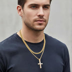 Fiusem Layered Cross Necklace for Men, Silver Tone/14K Gold Plated Mens Necklace Chain with Cubic Zirconia Cross Pendant, Stainless Steel Cuban and Rope Chain - color: Gold, size: 22/24 inches