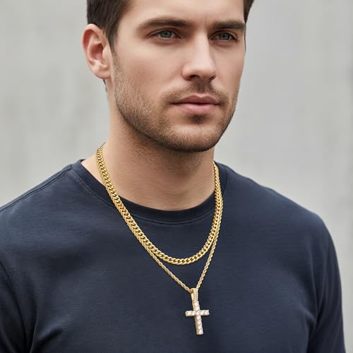 Fiusem Layered Cross Necklace for Men, Silver Tone/14K Gold Plated Mens Necklace Chain with Cubic Zirconia Cross Pendant, Stainless Steel Cuban and Rope Chain - color: Gold, size: 16/18 inches