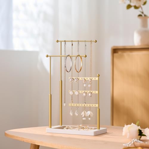 pickpiff Jewelry Organizer Holder Stand: 3 Tier Jewelry Storage Display for Necklace, Bracelet, Earring, Ring, White & Gold - color: gold & white