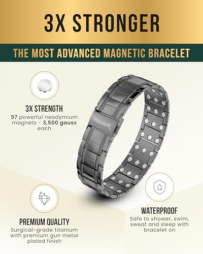 MagnetRX® 3X Strength Magnetic Bracelets for Men – Effective Magnetic Mens Titanium Bracelet – Premium Fold–over Clasp & Adjustable Length with Sizing Tool & Gift Box (Gunmetal) - color: Gunmetal (3X Strength)