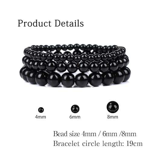 3 PCS Healing Crystal Bracelets for Women 8mm Natural Stone Beaded Stretch Bracelet Amethyst Jewelry Gifts - color: 4,6,8mm Black Onyx