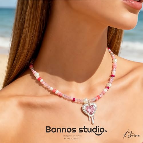 GABOX Handmade Beaded Boho Necklace with Pearl Accents & Heart Pendant, Unique Original Design Artisan Jewelry Choker for Women, Perfect for Travel, Parties and Special Occasions