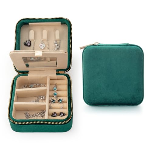 Velvet Jewelry Box Travel Jewelry Organizer with Mirror Soft Plush Case for Necklaces, Earrings, Bracelets & Rings Gift for Women, Girlfriend, Mom or Best Friend (Premium Velvet - Emerald green) - color: Premium Velvet - Emerald green