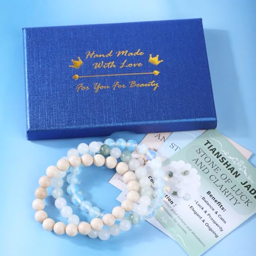 2/3-Pieces 4mm 6mm 8mm Natural Crystal Gemstone – Handmade Reiki Energy Healing Stretch Bracelets Jewelry for Yoga, Meditation, Unisex - color: 3 Pieces (Opalite&TianshanJade&WhiteFossilJasper), size: 8mm