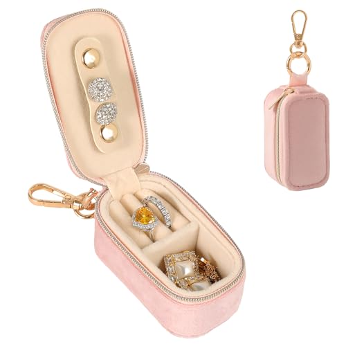 Small Travel Jewelry Box Keychain, Portable Storage Ring Necklace Earrings Holder Case Organizer Gift for Women (Pink) - color: Pink