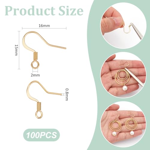 UNICRAFTALE 100Pcs Real 18K Gold Plated Earring Hooks Stainless Steel Ear Wire with Loops Earwire Hooks Fish Hooks Flat Earring Hooks with Coil for DIY Earring Jewelry Making - color: Gold, size: 15mm Long