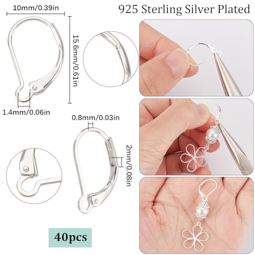SUNNYCLUE 1 Box 40Pcs 925 Sterling Silver Plated Leverback Earring Findings French Leverback Earring Hooks Lever Back Earwire Leverbacks for Jewelry Making Accessories DIY Dangle Earrings Supplies - color: 1 Box 40pcs 925 Sterling Silver Plated Leverbacks