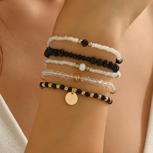 5Pcs Bohemian Multilayer Crystal Beads Stackable Bracelets Y2K Circle Disc Coin Pendant Colorful Beaded Elastic Stretch Bracelets for Women Boho Beach Vacation Holiday Jewelry Gift - color: Black