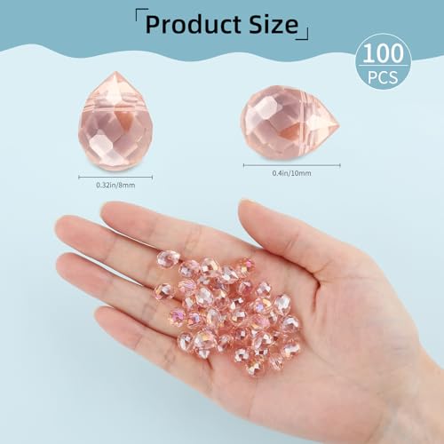 100pcs Holographic Pink Faceted Crystal Glass Beads 8x10mm, Shiny Teardrop Glass Beads for Jewelry Making, Crystal Beads for Bracelet Necklace Earring DIY Craft - color: Water Pink
