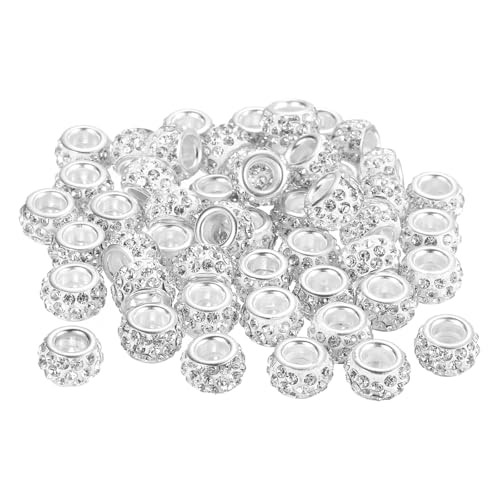 uxcell 50Pcs European Large Hole Beads, Rhinestone Craft Bead Crystal Charm Spacer Beads for Pens Bracelet Making Necklace DIY Craft, White - color: White