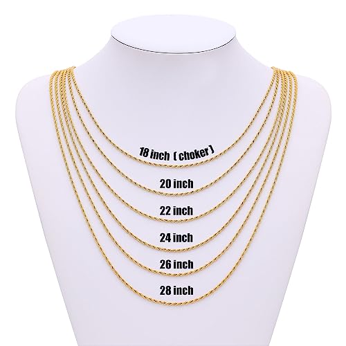 Fiusem 18K Gold Plated Rope Chain for Men, 18K Gold Plated/Black Chain Necklace, Stainless Steel Necklace for Men and Women, Jewelry Gifts - size: 26 Inches, style: Gold 2mm