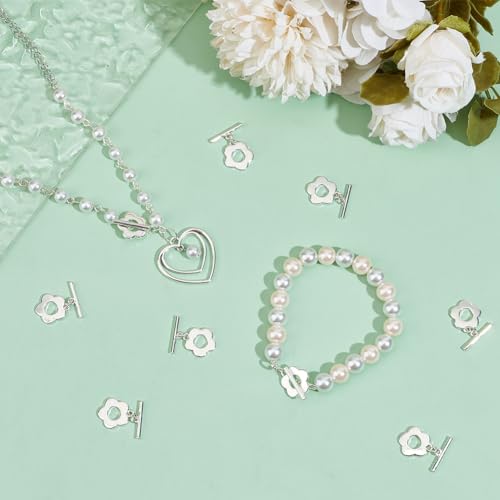 Beebeecraft 1 Box 10Pcs Bracelet Toggle Clasps 925 Sterling Silver Plated Flower T-Bar Clasps Toggle Ring Jewelry Findings Hole 1.2mm for Necklace Bracelet and DIY Jewelry Making - color: Silver