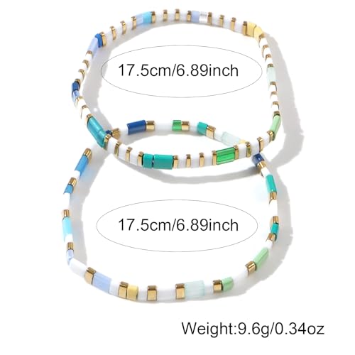 Tila Flat Beaded Bracelet for Women,Bohemian Colorful Stretch Square Glass Bead Elastic Layred Bracelet Stack, Handmade Boho Trendy Holiday Jewelry Accessories Friendship Gift - color: White Green