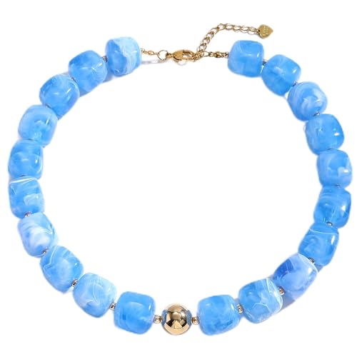 Chunky Necklaces for Women, Trendy Colorful Square Acrylic Resin Beads Statement Choker Necklace, Lightweight Boho Summer Beach Vacation Jewelry - color: Larimar Blue color