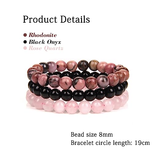 3 PCS Healing Crystal Bracelets for Women 8mm Natural Stone Beaded Stretch Bracelet Amethyst Jewelry Gifts - color: 03 8mm pink