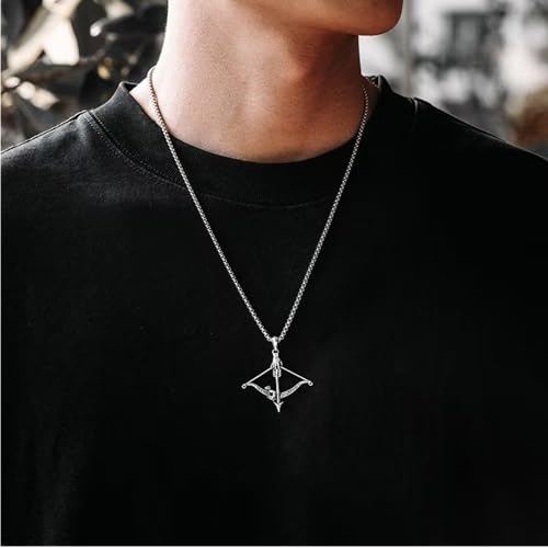 Cross Bow and Arrow Necklace for Men, Non Tarnish Durable Stainless Steel Necklace 24inch with Zinc Alloy Crucifix Pendant for Male, Archery Jewelry Accessories Gift for Valentines Day for Boyfriend and Husband