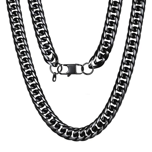 U7 Cuban Link Chain Necklace for Men, 12mm/9mm/6mm Miami Curb Chain, Stainless Steel/Black/18K Gold Plated, Hip Hop Jewelry, Heavy Duty Thick Chain Gift for Him, 18-36 Inch - color: a. 12mm Black, size: 18 Inches