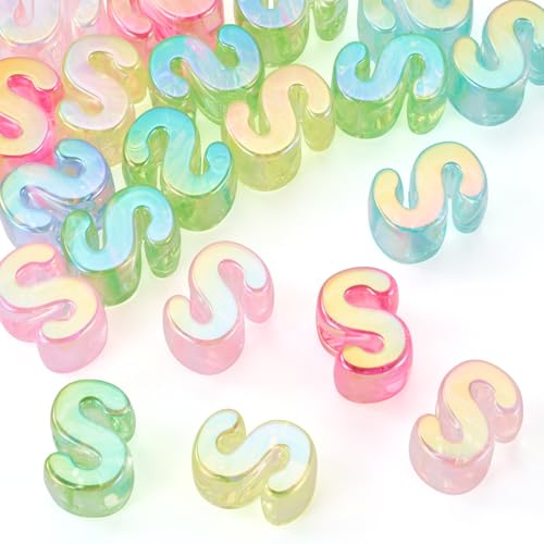 FASHEWELRY 20Pcs Large Hole Acrylic Beads Letter S Iridescent Big Plastic Letter Blocks European Beads Clear 3D Letters Initial Alphabet Bead for Keychains Necklace DIY Arts Craft - color: Random Clear, size: S