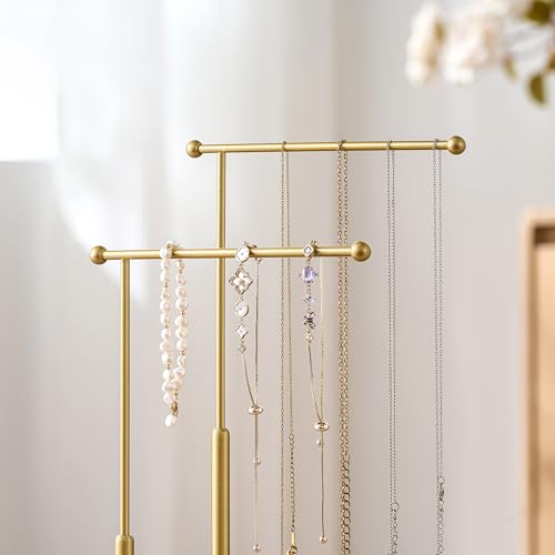 pickpiff Jewelry Organizer Holder Stand: 3 Tier Jewelry Storage Display for Necklace, Bracelet, Earring, Ring, White & Gold - color: gold & white