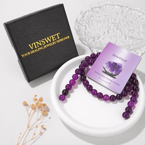 Vinswet 45pcs 8mm Amethyst Natural Stone Beads Round Genuine Real Stone Beading Loose Gemstones DIY Smooth Bead for Bracelet Necklace Earrings Jewelry Making - color: Amethyst, size: 8mm
