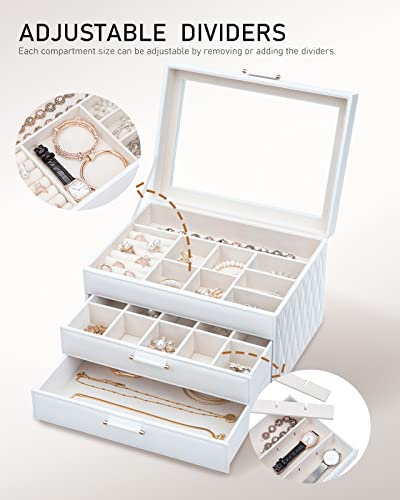 Jewelry Box with Glass Lid, Jewelry Organizer Box 3-Layer with 2 Drawers, Jewelry Boxes for Women Storage Earring Necklace Watch Bracelet and Rings - White - color: White 3-Layer