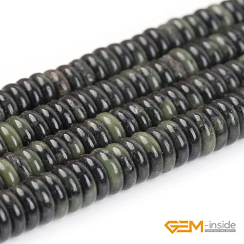 GEM-Inside 2x6mm Natural Dark Green Canada Jadeite Jade Semi-Gemstone Heishi Disc Rondelle Spacer Beads for Jewelry Making Full 15" Strand Energy Stone Healing Power Crystal - color: Dark Green Canada Jadeite