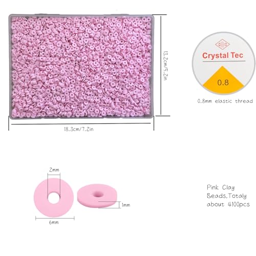 4100 Pcs Pink Clay Beads Bracelet Making Kit, 6mm Polymer Spacer Flat Heishi Beads for Jewelry Necklace Earring Making - color: Pink
