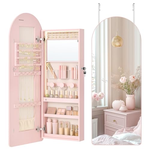 SONGMICS Wide Jewelry Organizer, LED Jewelry Cabinet Wall/Door Mounted, Arched Mirror with Storage, Lockable, Rounded Corner, Interior Mirror, 3.9 x 16.5 x 42.5 Inches, Jelly Pink UJJC020SA01S - color: Jelly Pink, size: 3.9"D x 16.5"W x 42.5"H, style: Arc