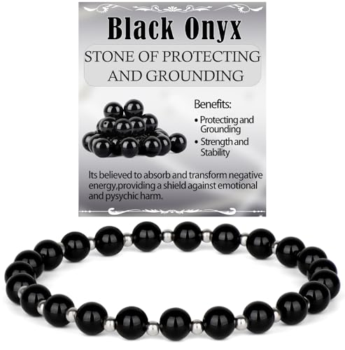 QOGIR 14k gold Handmade Healing Bracelet, Natural Gem Stone Crystal Elastic Gold Bracelet - color: Black Onyx Silver - Protecting and Grounding, size: 6m