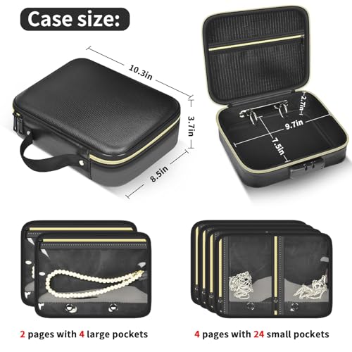 Fireproof Travel Jewelry Organizer Case with Lock, Portable Jewelry Binder with 6 Detachable Loose-leaf Pages, Clear Storage Book for Necklaces, Earrings, Rings & Bracelets (Bag Only)