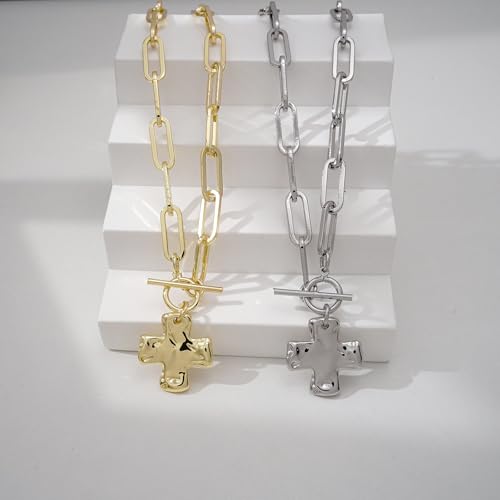 Bheop Chunky Cross Necklace for Women Trendy 14K Gold Silver Layered Statement Cross Pendant Charm Necklace Waterproof Paperclip Herringbone Snake Choker Chain Christian Jewelry Set Gift Non Tarnish - style: GD-Toggle Necklace(0.8 inch Pendant)