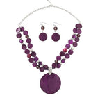 Layered Beads Statement Fashion Necklace Chunky Jewelry Set Big Colorful Glass Stone Circle Shell Pendant Choker Necklace and Earring Set for Women - color: purple