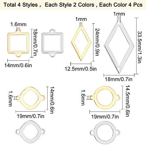 SUNNYCLUE 1 Box 32Pcs Stainless Steel Connectors Charms Golden Silver Hollow Flat Round Open Bezel Square 33.5x18mm Rhombus Ring Geometric Links Charm Double Loops for Jewelry Crafts Making Supplies