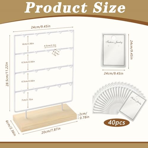 Earring Display Stand for Selling, Wood Earring Rack Display Holder Stand, 4 Tier 20 Hooks Jewelry Display for Selling with 40pcs Earring Cards, Bracelets, Rings, Necklaces - color: White