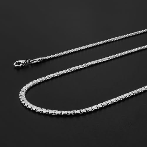 Fiusem Flat Box Chains for Men, 2.5/3/4/4.5/5mm Silver Tone Box Chain Necklace, Stainless Steel Necklaces for Men and Women 16-28 Inches, Jewelry Gift - size: 24 Inches, style: Silver 3MM