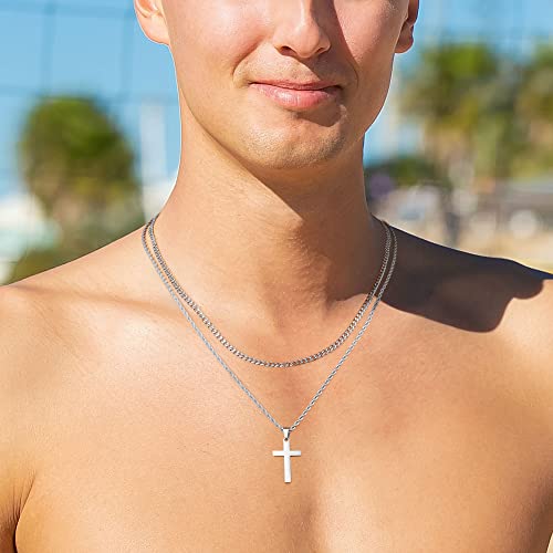 LUXEJEW Cross Necklace for Men Boys - Gold Silver Black Stainless Steel Cross Pendant Necklaces Layered Cuban Link Chain Necklace Jewelry Gifts 16 18 20 22 24 Inches - color: Silver, size: 18in/20in, style: Style B-Small Pendant-Buckle